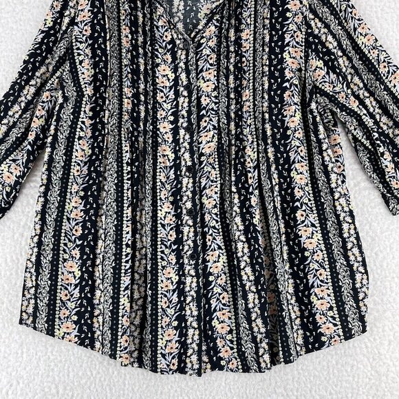 Woman Within Black Floral Print Button-Up Shirt Womens 3/4 Sleeve V-Neck Size 1X - Picture 6 of 15